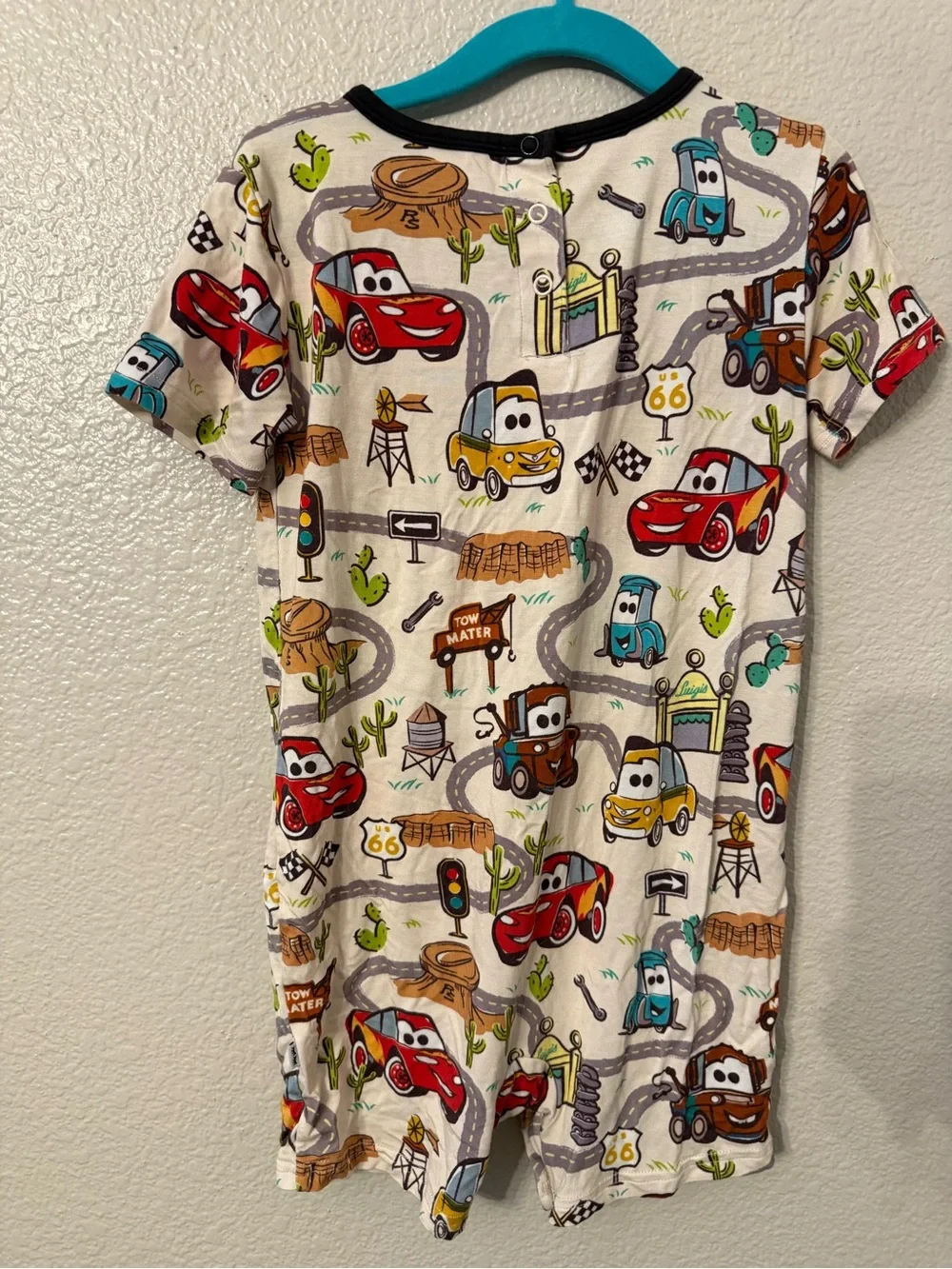 Little Sleepies White Romper with Red, Yellow, Blue and Brown Cars Print